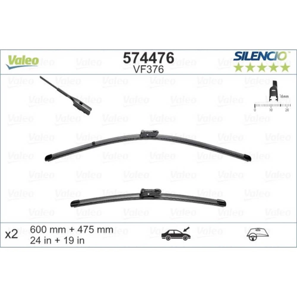 Front wiper blade set Valeo Silencio Flat 600 & 475 mm for Volkswagen Passat USA 2011-2019