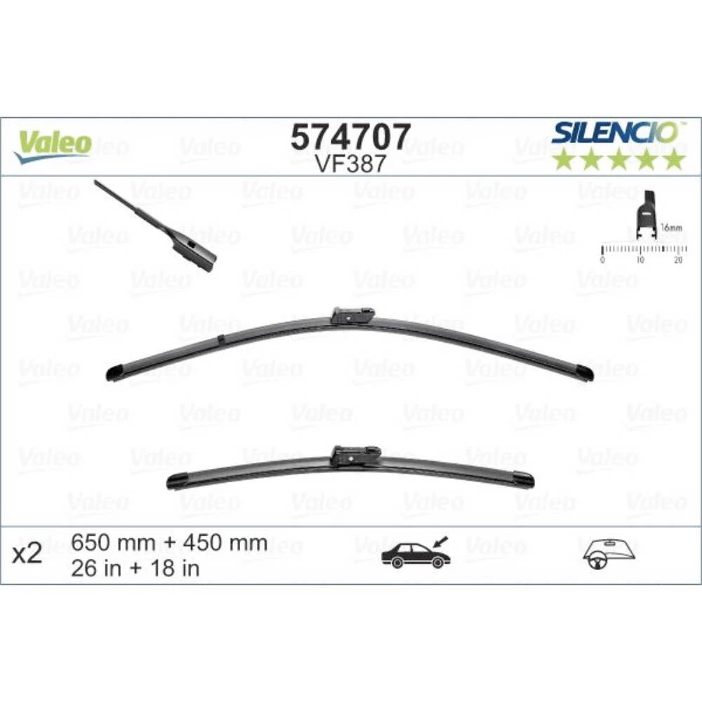 Front wiper blade set Valeo Silencio Flat 650 & 450 mm for Alfa Romeo Stelvio 2016-2026